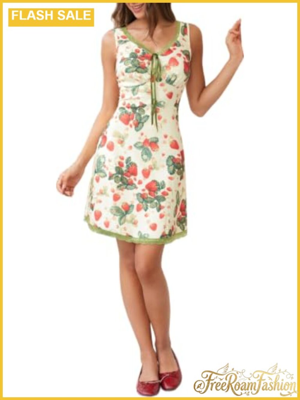 Floral Fruit Print Mini Dress Lace Trim V Neck Sleeveless A-Line